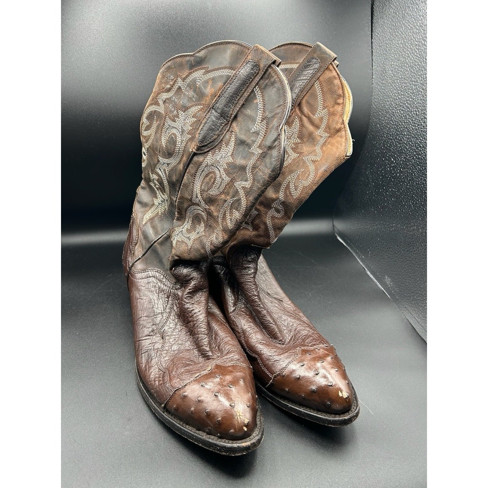J.B. Dillon Mens Ostrich Leather Western Boots Brown Raised Quills R Toe 10.5D